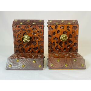 Vintage Bookends Hand Carved Wood Medieval Brass